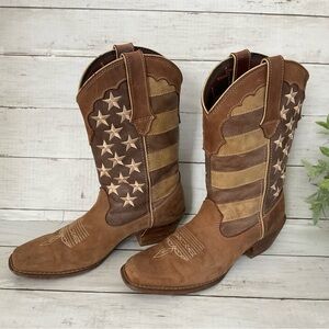 Durango Brown and Tan Western Boots, womens leather Stars and Stripes boots 7.5
